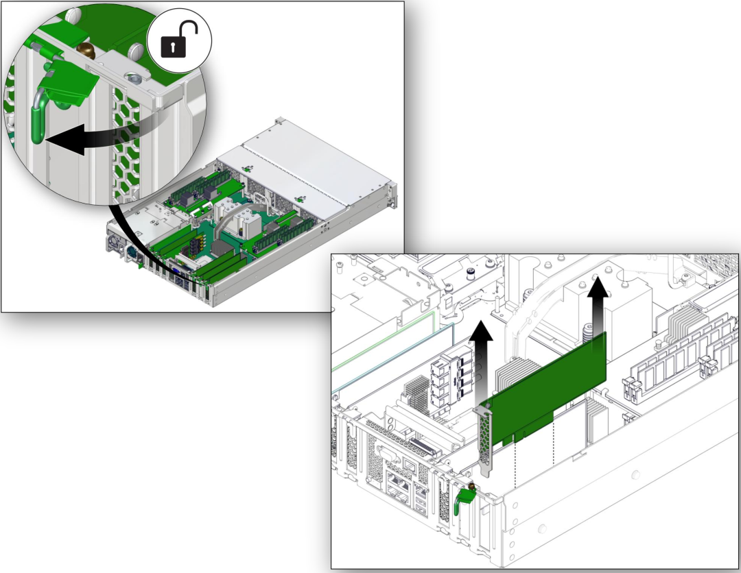 image:PCIe カードの取り外しを示す図。